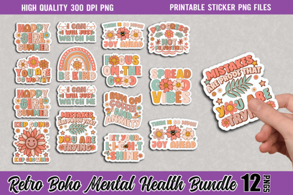Download Retro Mental Health Sticker Bundle - Mental health Collection